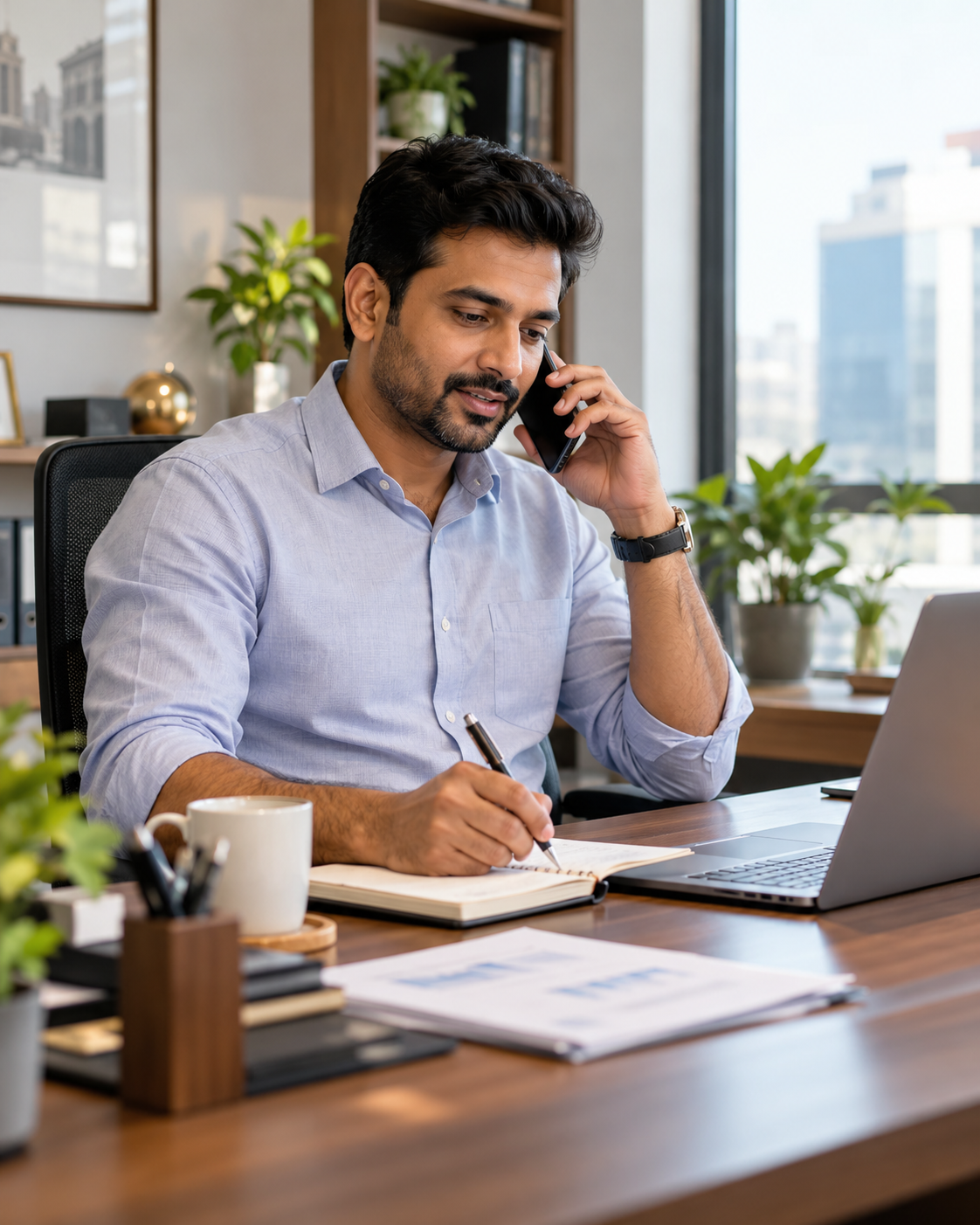 Business owner speaking on the phone at a desk